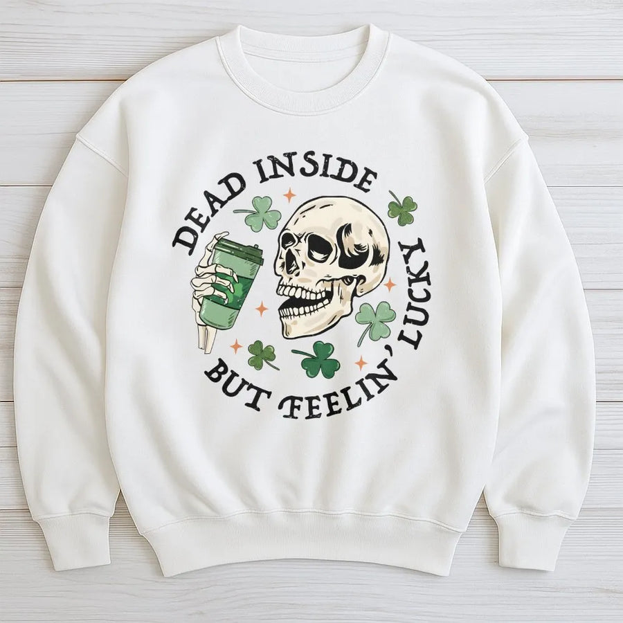 Dead Inside But Feelin Lucky Sweatshirt | Funny Skeleton St Patricks Day Gift | Premium Cotton Blend Unisex Crewneck | Retro Shamrock Apparel