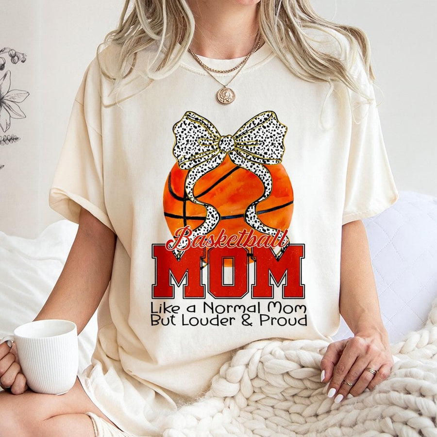 Basketball Mom T-Shirt | Loud and Proud Game Day Apparel | 100% Cotton Premium Tee | Cute Bow Design Gift for Basketball Fan Moms