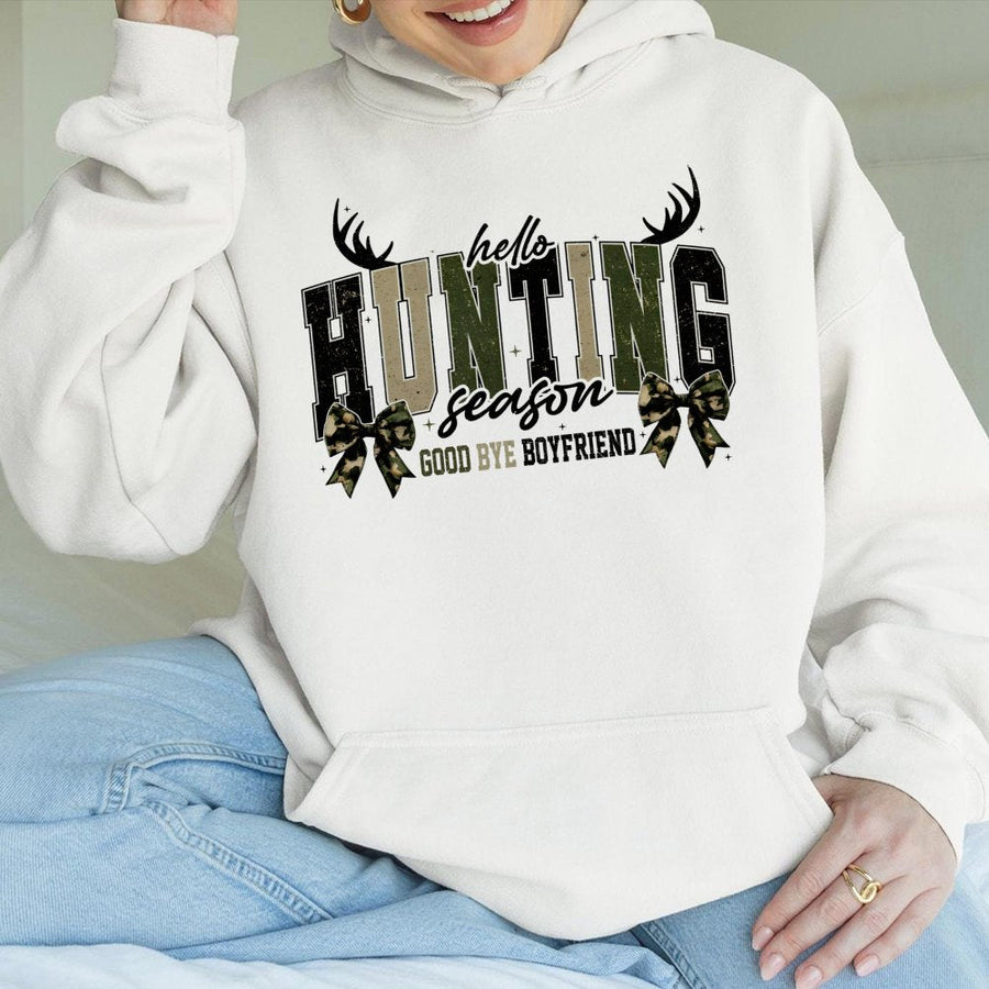 Hello Hunting Season Goodbye Boyfriend Hoodie | Coquette Camo Bow Aesthetic | Soft Cotton-Poly Blend | Cute Hunting Gift for Her
