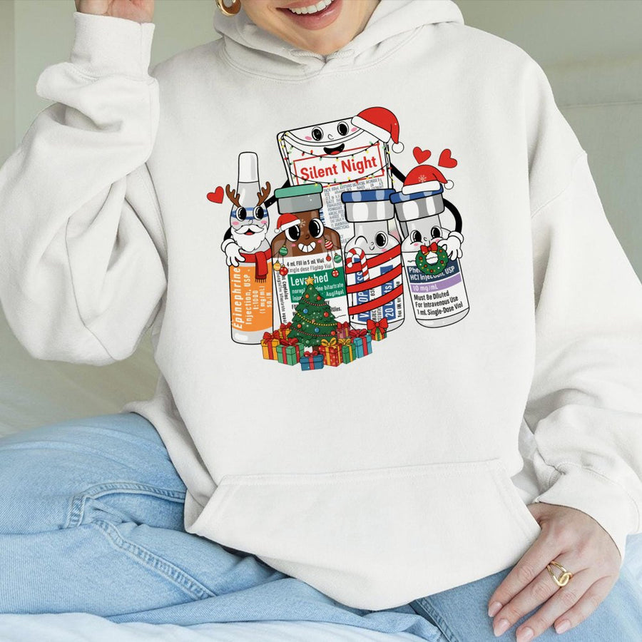 Nurse Christmas Hoodie | Cute Medical Vials Cartoon Design | Soft Cotton Blend Sweatshirt | Holiday Gift for Nurses, Doctors, ICU Staff
