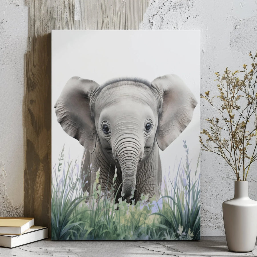 Baby Elephant Canvas Wall Art | Watercolor Safari Nursery Decor | 1.25 Inch Gallery Wrap Print | Premium Animal Home Decor Gift