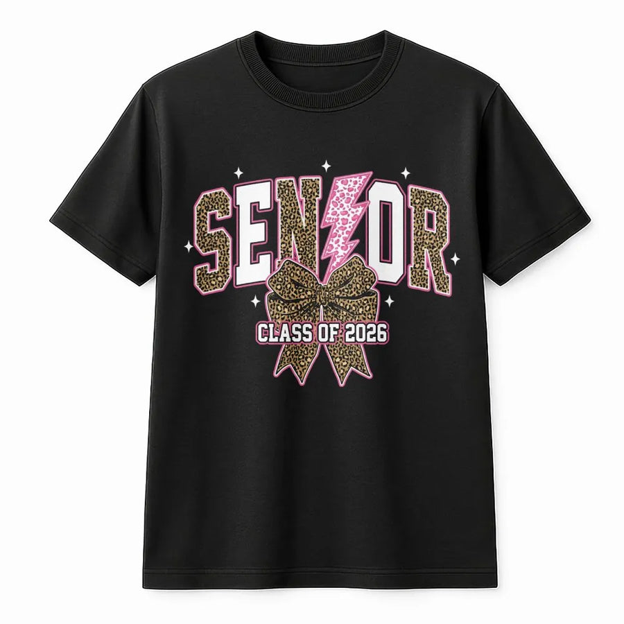 Senior 2026 T-Shirt | Leopard Print Lightning Bolt Bow Graphic | Premium Soft Cotton | Graduation Gift For High School Senior Class of 2026