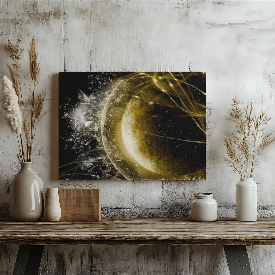 Abstract Planet Canvas Art | Shattered Sphere with Golden Grid | Premium Gallery-Wrapped Canvas | Modern Office Decor & Sci-Fi Fan Gift