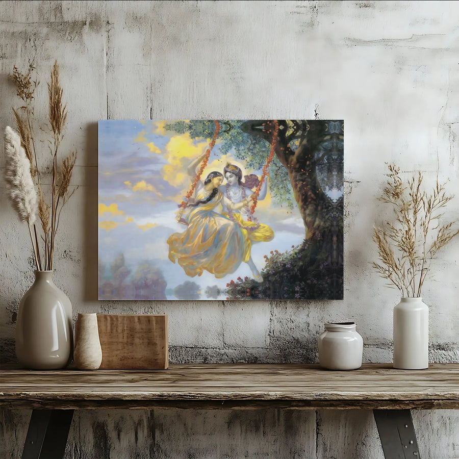 Radha Krishna Canvas Wall Art | Divine Love on Swing Painting | Premium Gallery Wrapped Canvas | Hindu God Decor Gift for Home