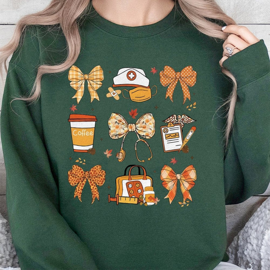 Fall Nurse Sweatshirt | Coquette Bow Aesthetic Graphic | Cotton Blend Premium Crewneck | Cute Nursing School Gift for RN LPN Student