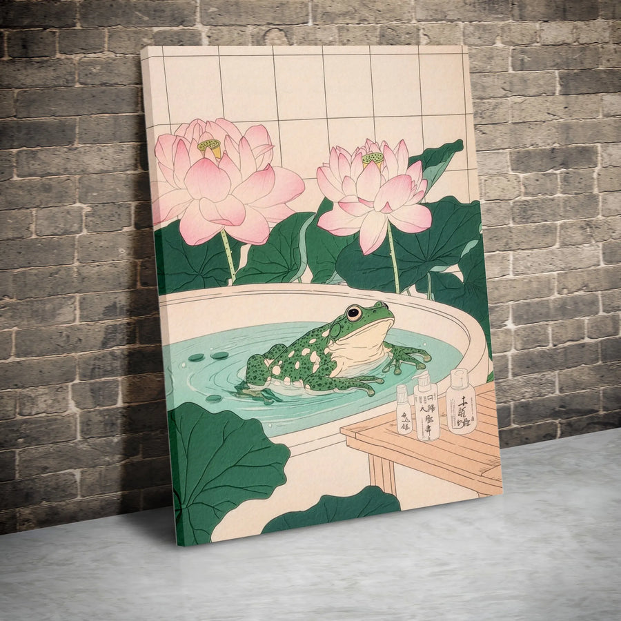 Japanese Frog Wall Art | Ukiyo-e Style Bathing Frog with Lotus Flowers | Premium Gallery Wrap Canvas | Unique Home Decor Gift