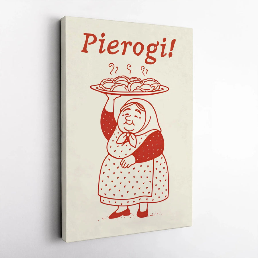 Pierogi Canvas Print | Cute Babcia Polish Grandmother Illustration | Premium Fade-Resistant Wall Art | Kitchen Decor Gift for Foodies