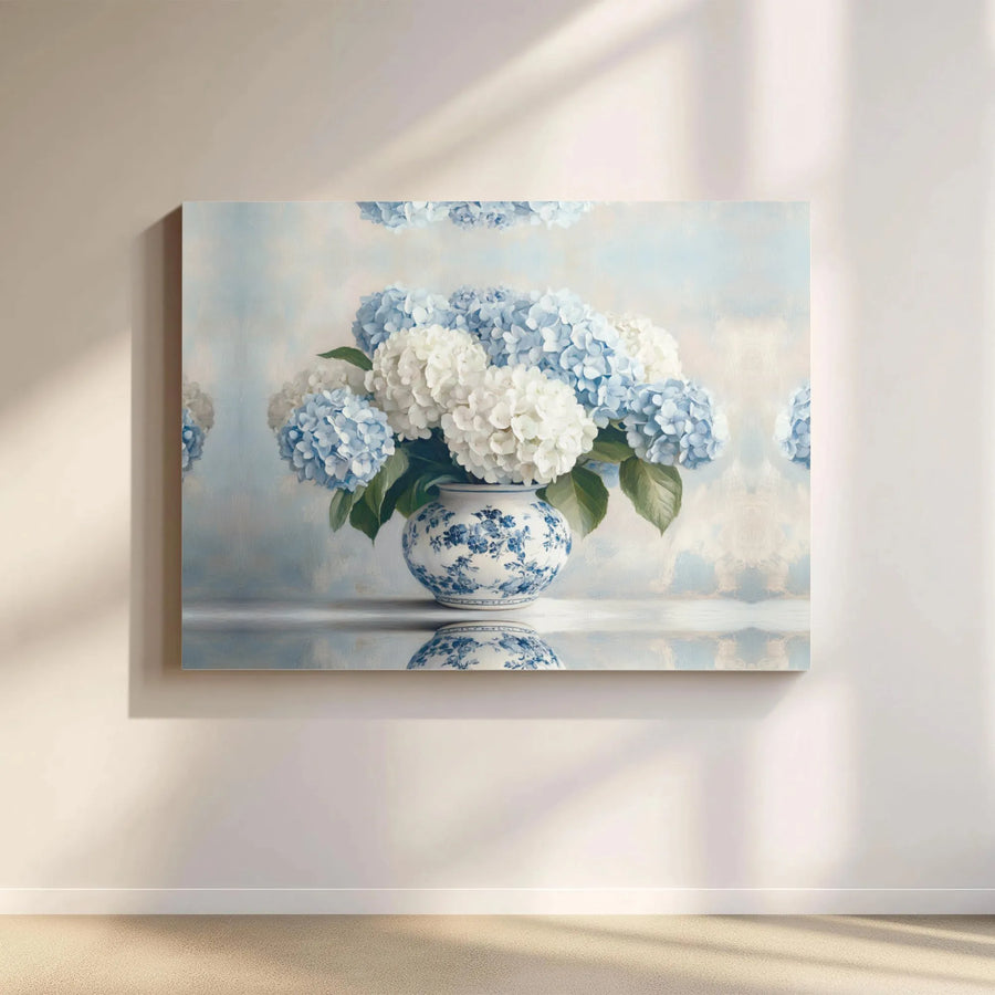 Blue And White Hydrangea Canvas Art | Still Life Floral Painting in Chinoiserie Vase | Premium Gallery Wrapped Decor | Elegant Home Gift