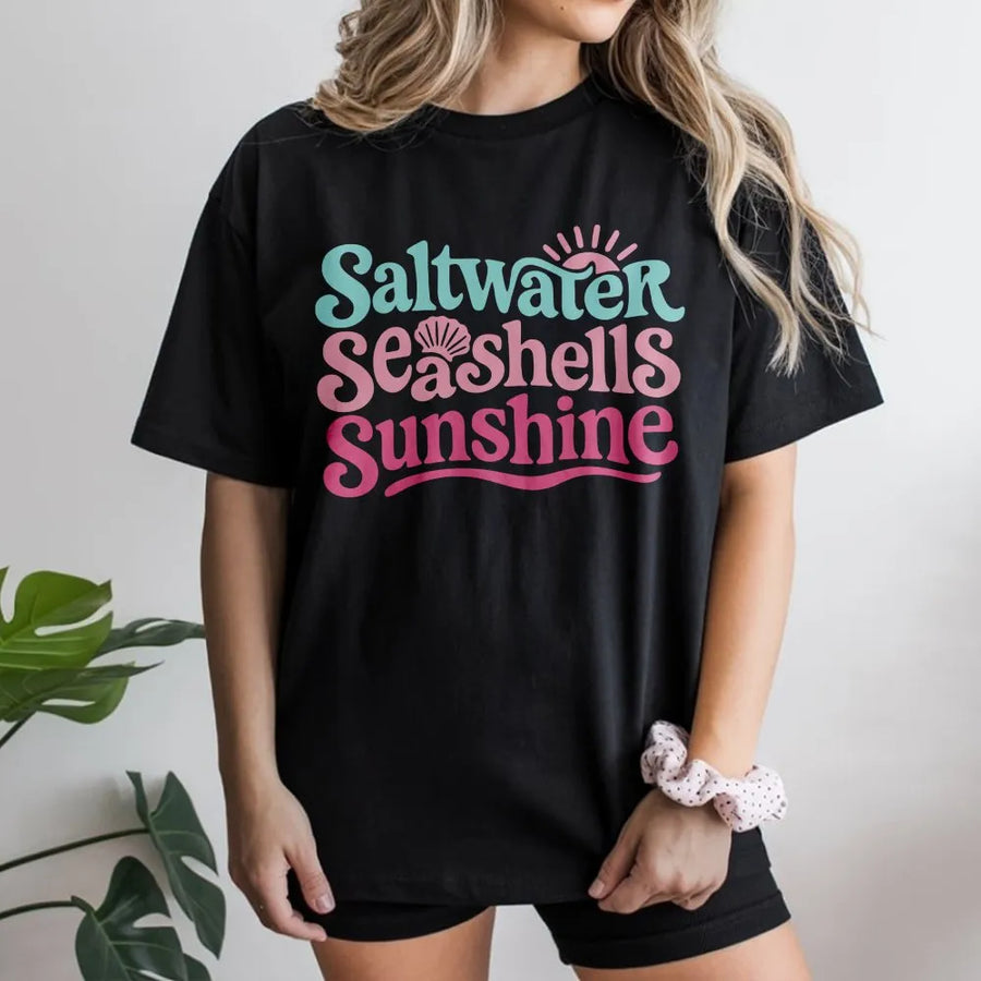 Summer Beach T-Shirt | Saltwater Seashells Sunshine Graphic | Soft Cotton Blend | Cute Ocean Lover Vacation Gift for Women