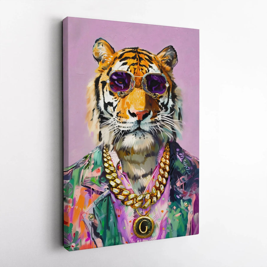 Cool Tiger Wall Art | Hip Hop Style Tiger with Gold Chain | Premium Canvas Print | Unique Urban Decor for Living Room or Office