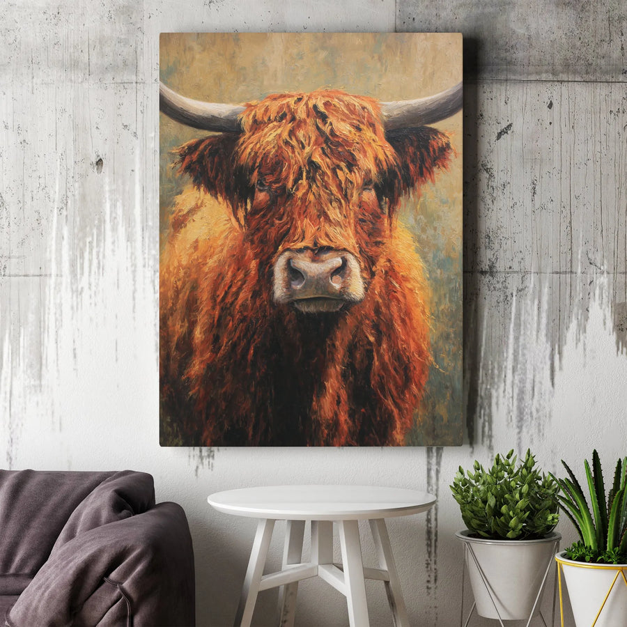 Highland Cow Canvas Wall Art | Rustic Farmhouse Animal Portrait | Premium Gallery Wrapped Print | Farmhouse Decor Gift for Animal Lovers