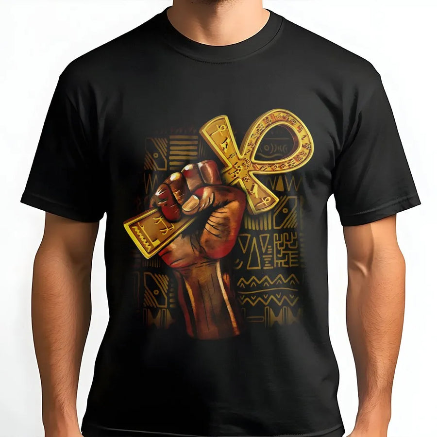 Black Fist Ankh T-Shirt | Afrocentric Egyptian Symbol Art | Premium Cotton Graphic Tee | Black History Month Gift for Men and Women
