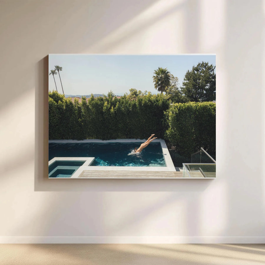 Summer Dive Canvas Wall Art | Woman Diving Into Luxury Pool Photo | Premium Fade-Resistant Print | Modern Living Room Decor Collector's Gift