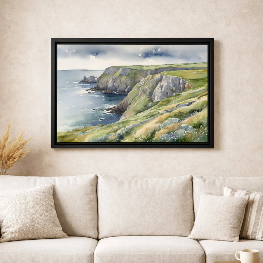 Coastal Cliff Landscape Canvas | Watercolor Ocean Seascape Art | Premium 1.25-Inch Gallery Wrap | Coastal Home Decor Wall Art Gift