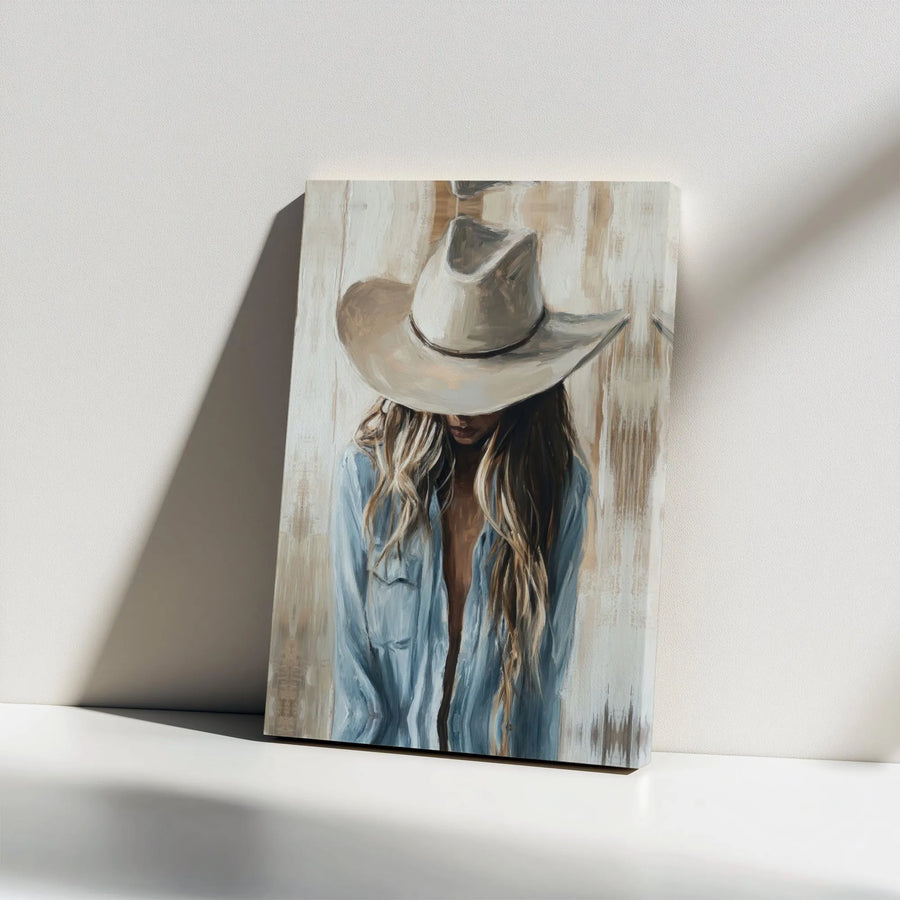 Western Cowgirl Canvas Wall Art | Abstract Portrait in Denim Hat | Premium Gallery Wrap Print | Southwestern Home Decor Gift