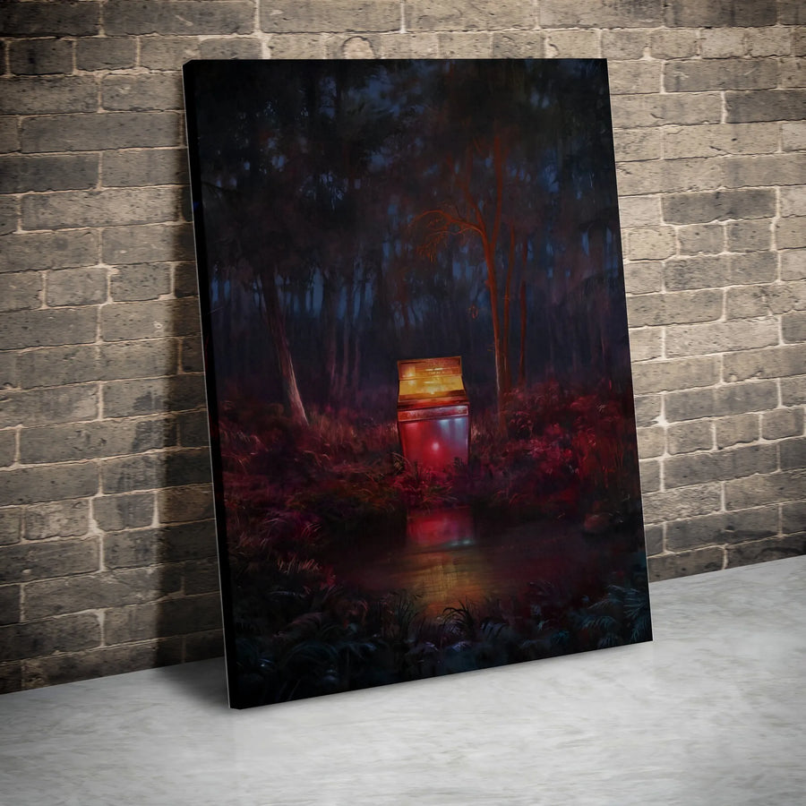 Surreal Forest Wall Art | Glowing Red Refrigerator in Woods | Premium Gallery Canvas | Moody Surrealism Home Decor Print