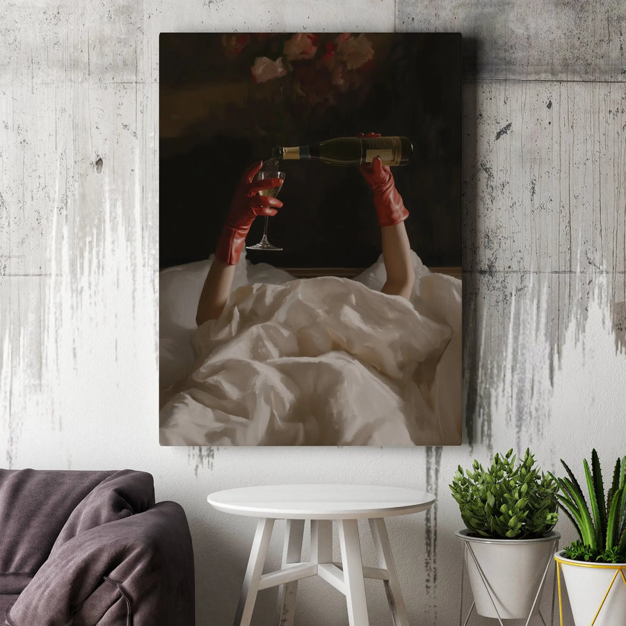 Champagne Pouring Canvas Print | Aesthetic Woman in Red Gloves Art | Gallery Wrap Wall Decor | Luxury Bar Cart Home Gift