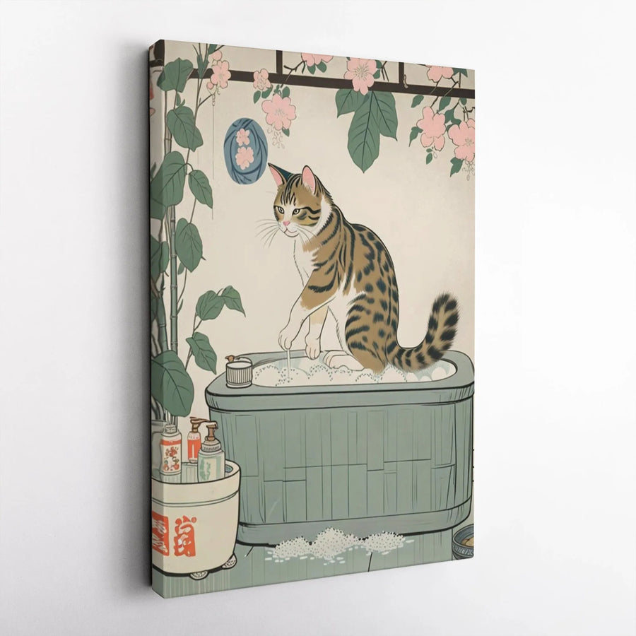 Japanese Cat Bathing Canvas Print | Ukiyo-e Style Cherry Blossom Wall Art | 1.25" Premium Gallery Wrapped Canvas | Whimsical Bathroom Home Decor Gift