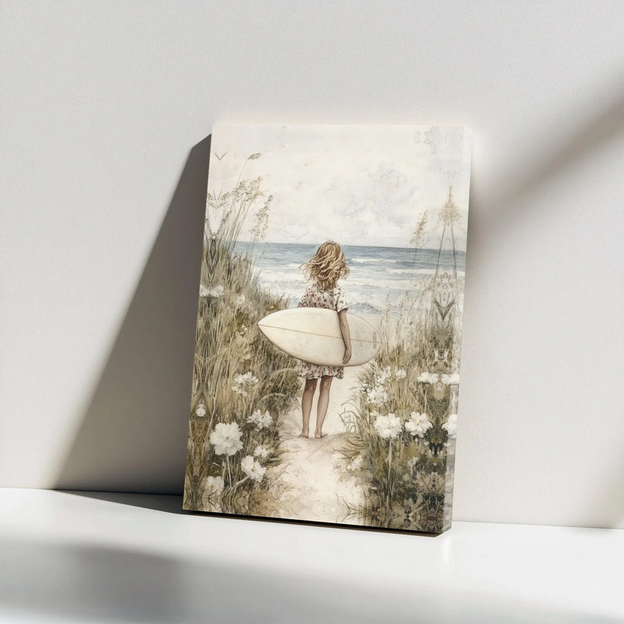 Beach Girl With Surfboard Wall Art | Coastal Watercolor Painting | Premium Gallery Wrap Canvas | Serene Ocean Decor Gift for Surfer