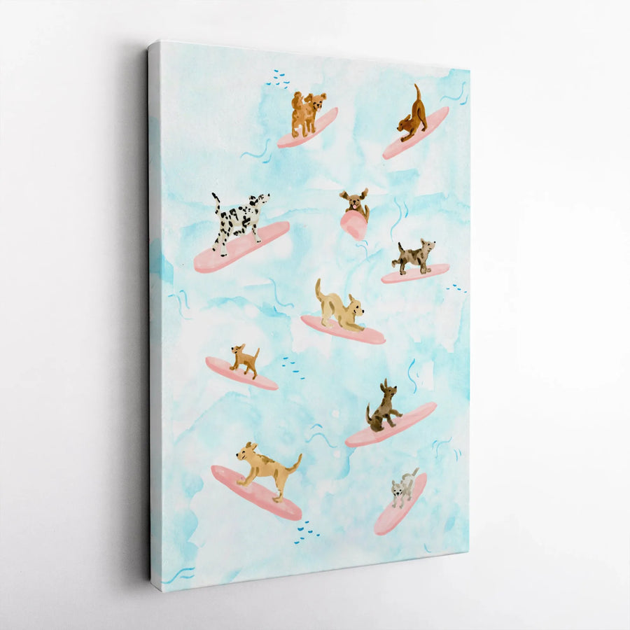 Surfing Dogs Canvas Wall Art | Watercolor Puppy Beach Scene | Premium Thick Gallery Wrap Canvas | Gift for Dog Lover, Coastal Nursery Decor