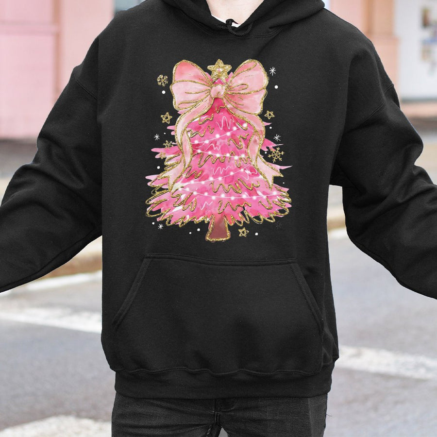 Pink Christmas Tree Hoodie | Coquette Aesthetic Bow Design | Soft Premium Cotton Blend | Trendy Holiday Gift for Women