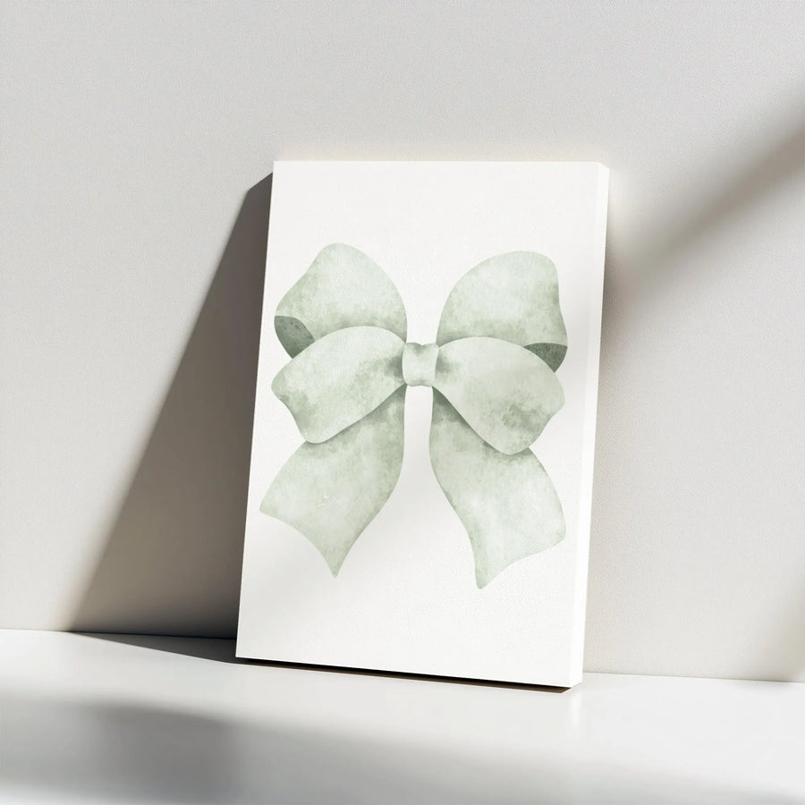 Sage Green Bow Canvas Wall Art | Watercolor Ribbon Aesthetic Decor | Premium Gallery Wrap Print | Minimalist Nursery and Home Gift