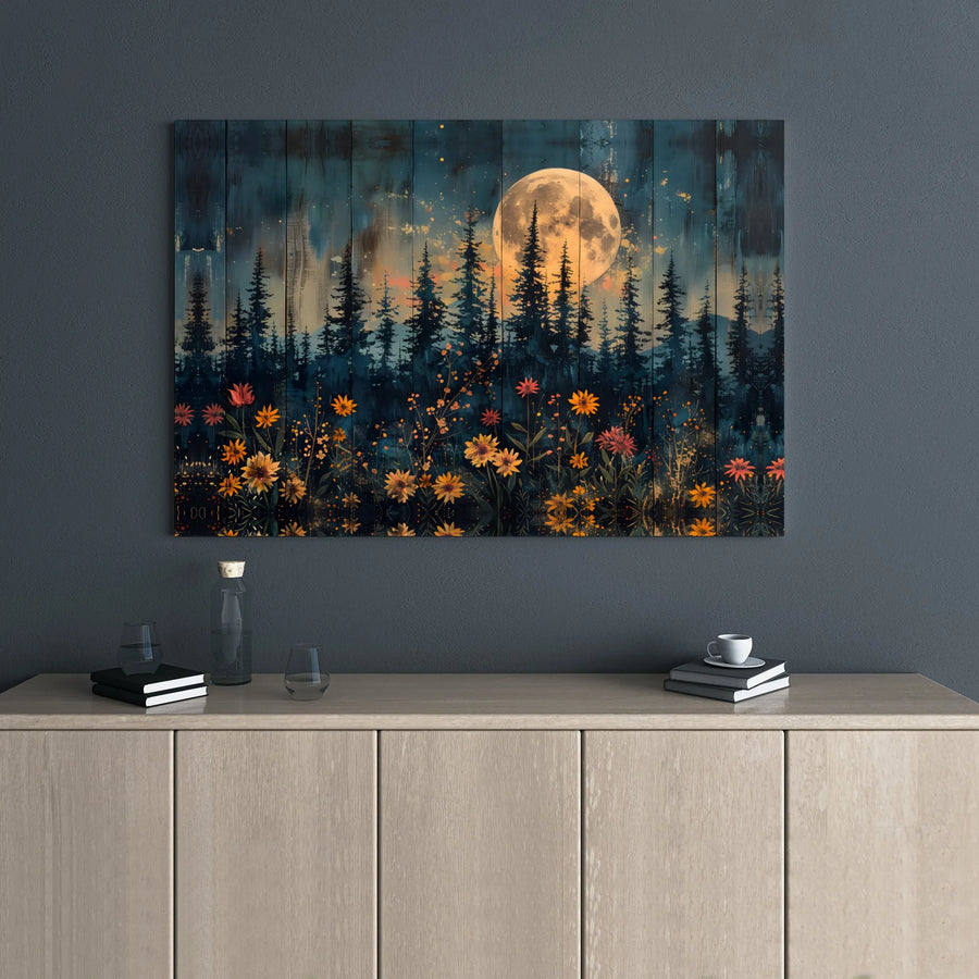 Full Moon Pine Forest Canvas Wall Art | Midnight Floral Landscape Print | 1.25-Inch Premium Gallery Wrap | Nature-Inspired Home Decor Gift