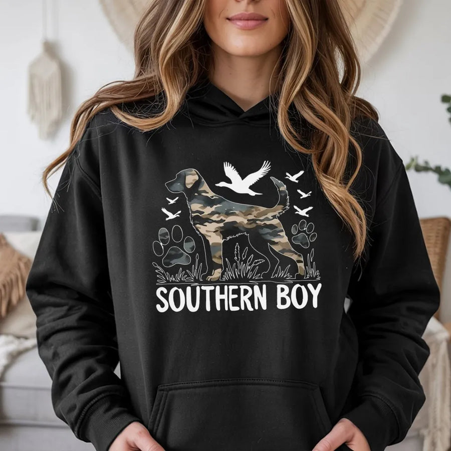 Southern Boy Dog Hunting Hoodie | Camo Retriever Graphic | Premium Cotton Blend | Gift for Outdoorsmen and Duck Hunters