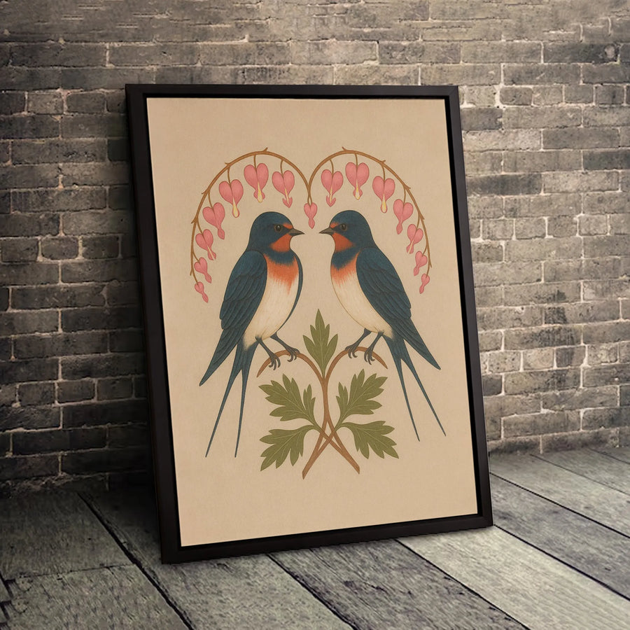 Barn Swallow Bird Wall Art | Botanical Bleeding Heart Floral Print | Premium Gallery Canvas | Nature Lover Home Decor Gift