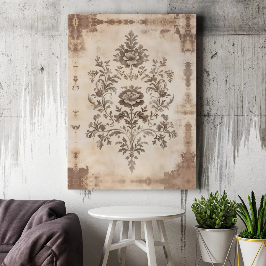 Vintage Damask Canvas Wall Art | Distressed Botanical Illustration | Premium Gallery Wrapped Canvas | Farmhouse Living Room Decor Gift