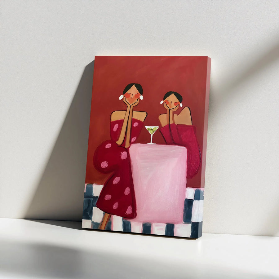 Modern Women Art Canvas | Abstract Two Women with Martini Print | Premium Gallery Wrapped Canvas | Minimalist Bar Cart Art & Home Decor Gift