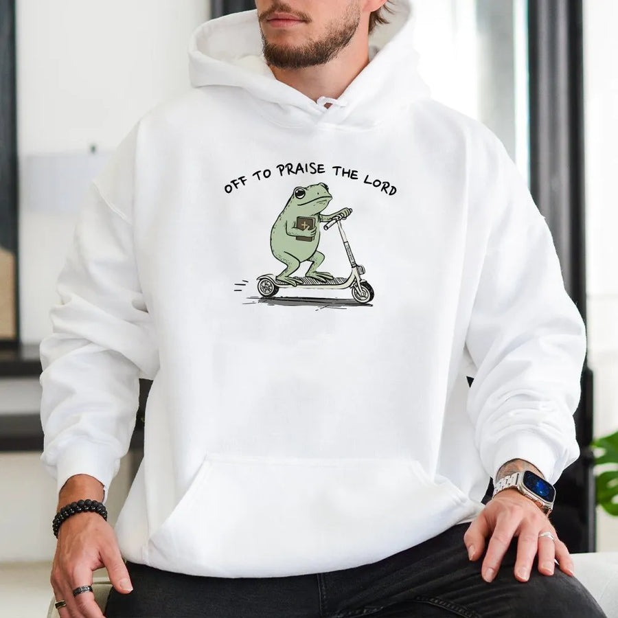 Christian Frog Hoodie | Funny 'Off To Praise The Lord' Graphic | Premium Cotton Blend Crewneck | Cute Faith Based Religious Gift