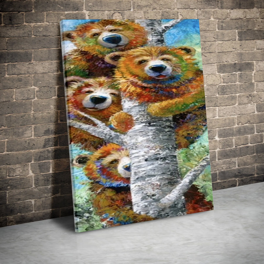 Colorful Bear Family Canvas Wall Art | Impressionist Bears Climbing Birch Tree | Premium Gallery Quality Print | Gift for Nature Lovers, Nursery & Cabin Decor