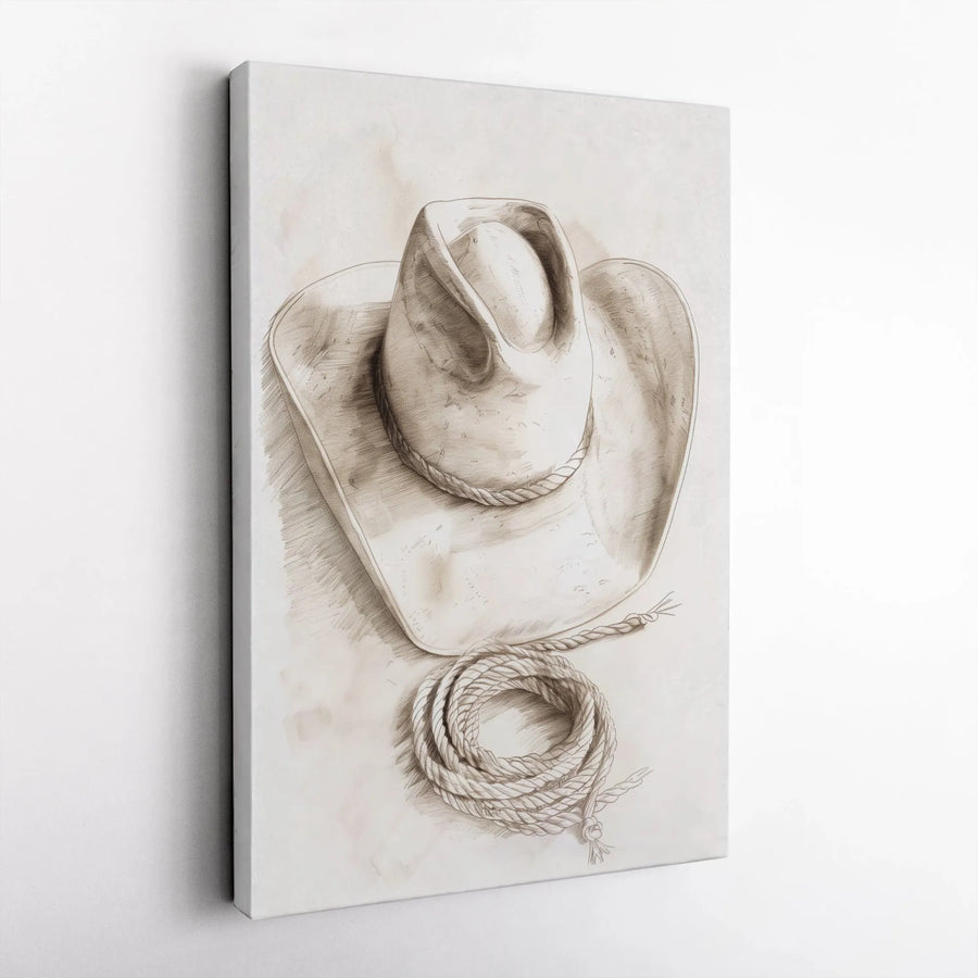 Cowboy Hat Canvas Wall Art | Rustic Western Sepia Sketch | Premium Thick Canvas Print | Ranch House & Man Cave Decor Gift