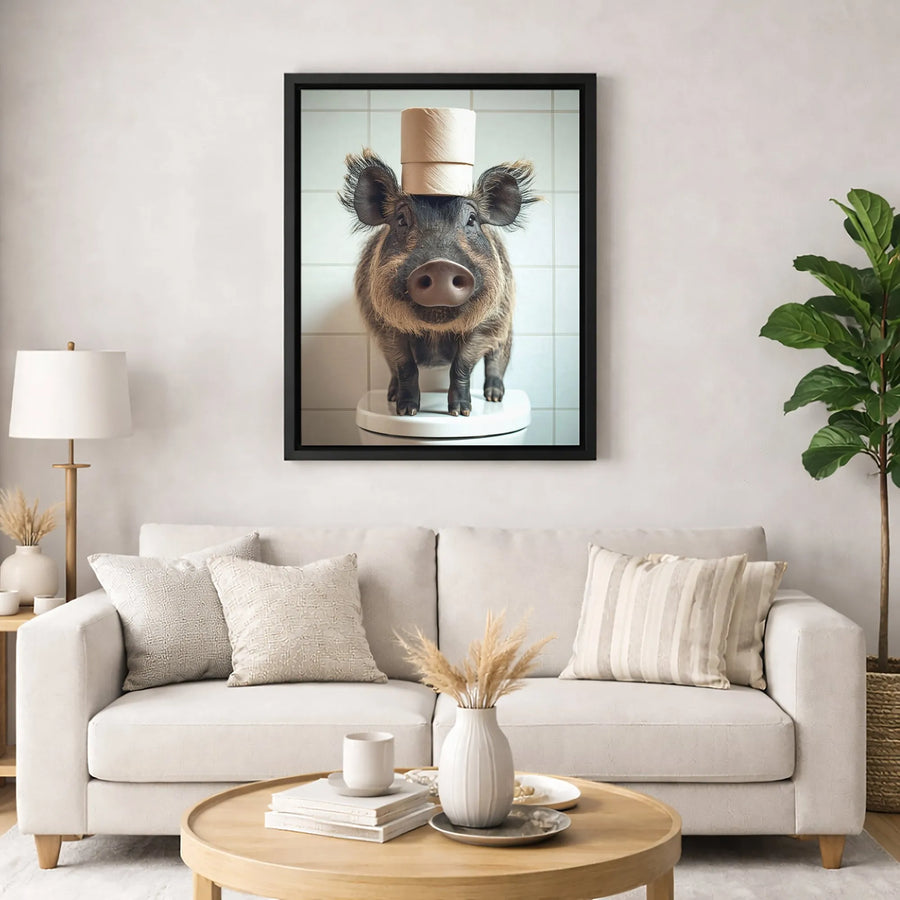 Funny Boar Bathroom Wall Art | Whimsical Pig on Toilet with Toilet Paper | Premium Canvas Gallery Wrap | Unique Restroom Decor Gift for Animal Lovers