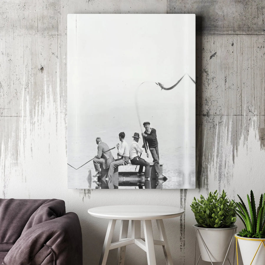 Vintage Fishing Photography Canvas | 1920s Men Fishing Wall Art | Premium Gallery Wrap Decor | Fisherman Gift for Office or Den