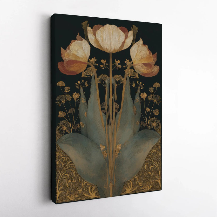 Art Nouveau Floral Vertical Canvas | Vintage Botanical Tulip Illustration | Premium Thick Gallery Wrap | Living Room & Bedroom Decor Gift