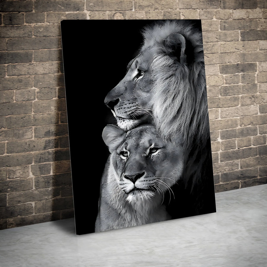 Lion and Lioness Couple Canvas | Black and White Wildlife Wall Art | Gallery Quality Premium Print | Romantic Bedroom Home Decor Gift