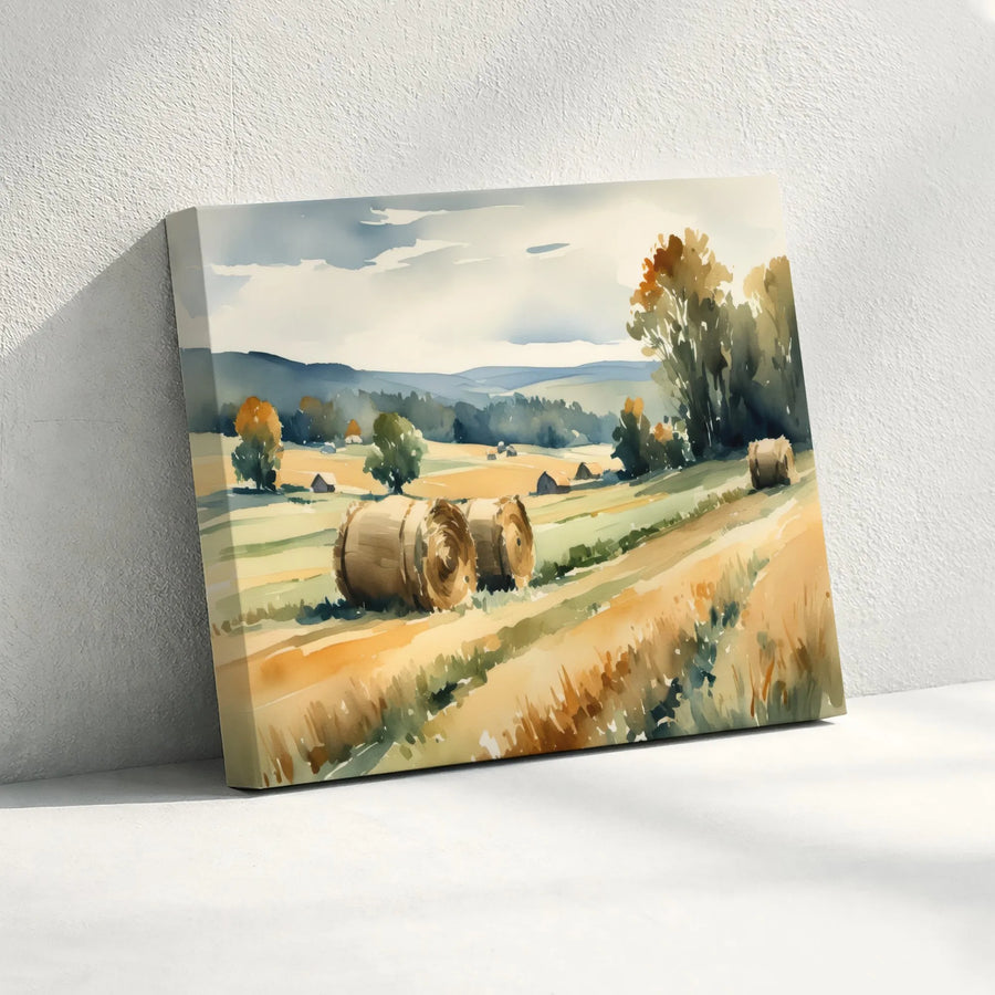 Farmhouse Landscape Canvas Print | Watercolor Hay Bales Art | Premium Gallery-Wrapped Wall Decor | Rustic Country Home Gift