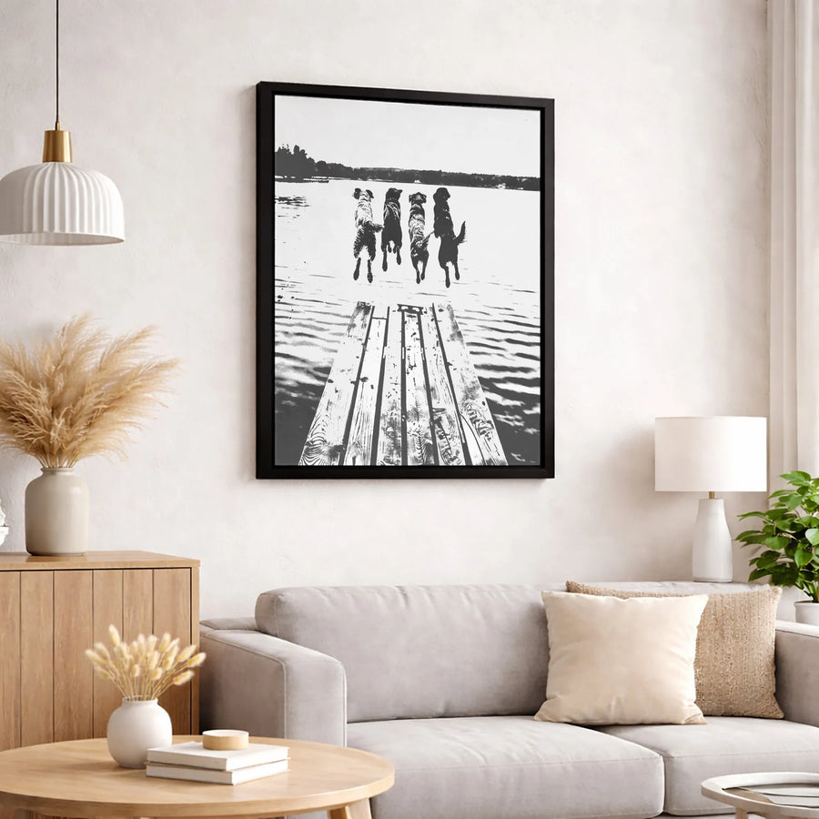 Four Dogs Jumping Off Dock Wall Art | Black and White Nature Photography Print | Premium Gallery Wrapped Canvas | Best Gift for Dog Lovers