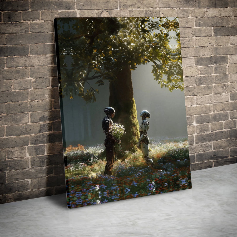 Robot Romance Canvas Wall Art | Androids in Wildflower Forest Print | Premium Gallery Wrapped Canvas | Sci-Fi Collector's Home Decor Gift