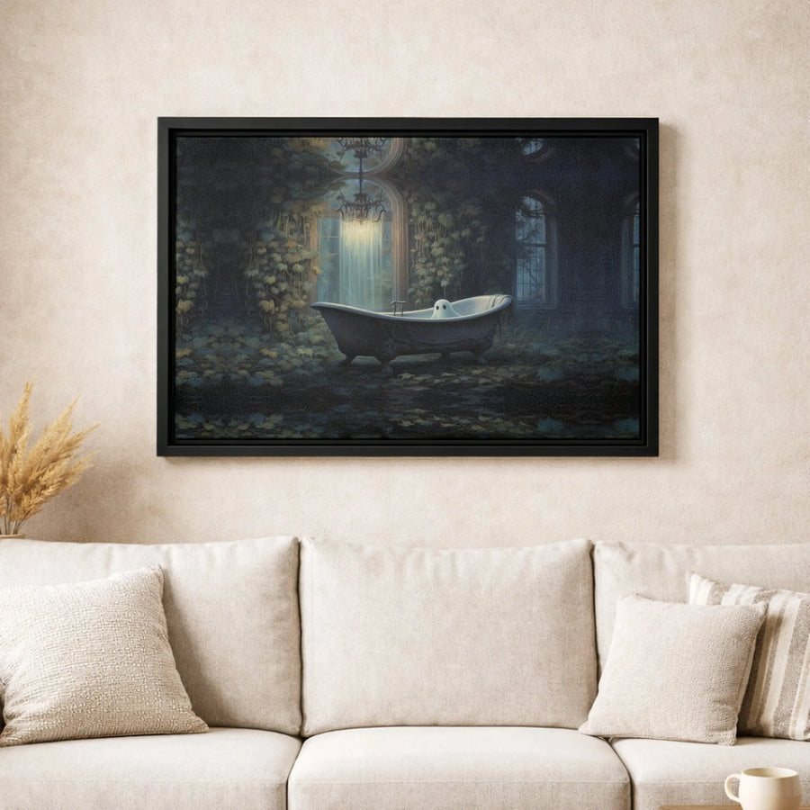 Ghost In Clawfoot Bathtub Canvas Art | Dark Academia Gothic Bathroom Decor | Gallery Quality Premium Wall Print | Spooky Victorian Home Gift