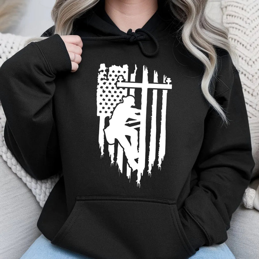 Lineman American Flag Hoodie | Patriotic Power Utility Worker Design | Premium Cotton Blend | Gift for Electricians and Line Workers