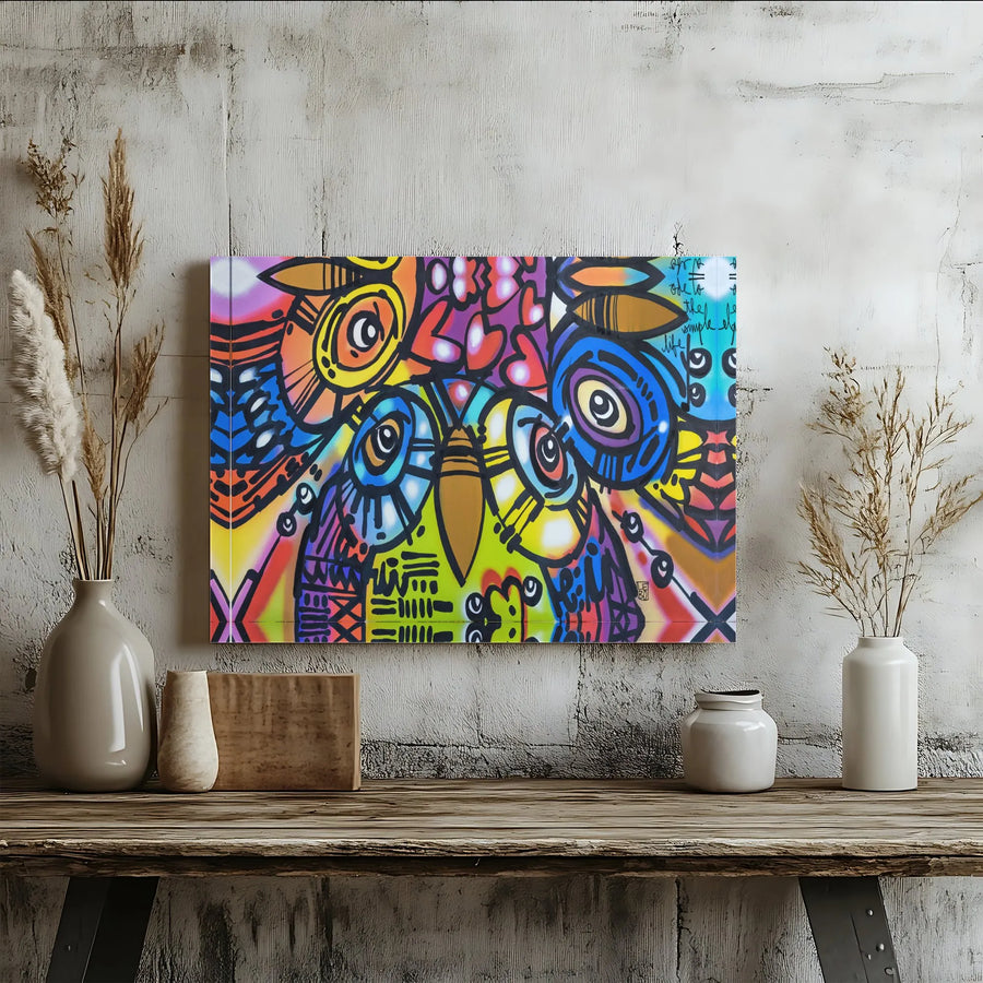 Colorful Owl Wall Art | Graffiti Style Abstract Canvas Print | Premium Gallery Wrapped Decor | Modern Home Office Statement Piece Gift