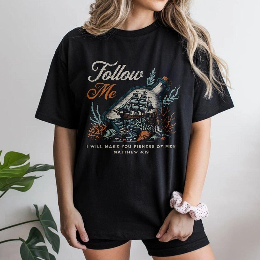 Fishers Of Men T-Shirt | Matthew 4:19 Ship in a Bottle Graphic | Premium Soft Cotton | Christian Faith Gift for Men and Women