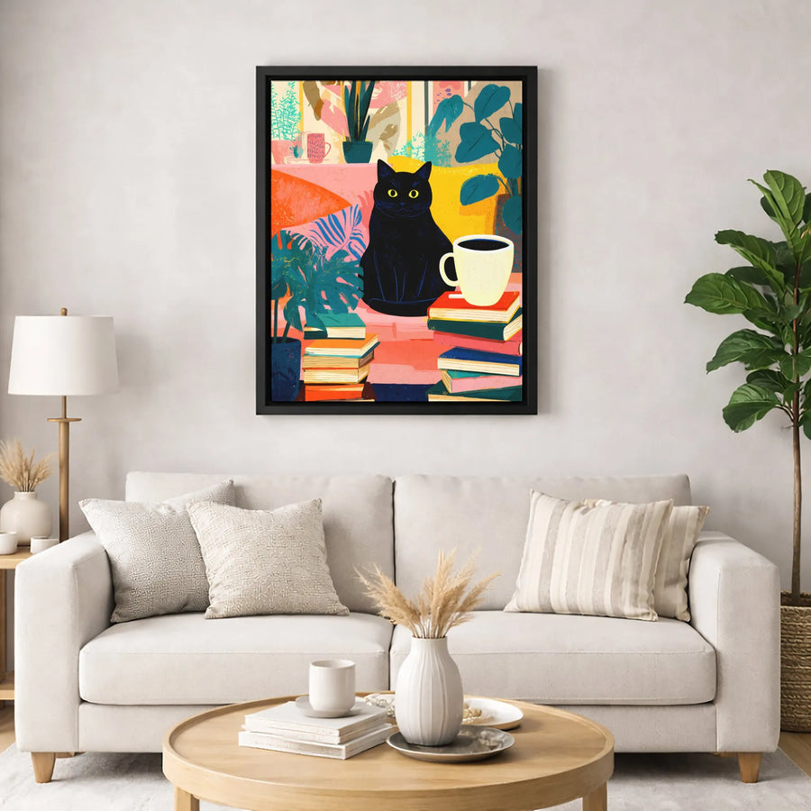 Black Cat Wall Art | Whimsical Book Lover Canvas Print | Premium Gallery-Wrapped Decor | Unique Gift for Cat Moms and Bibliophiles