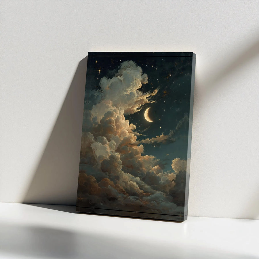 Celestial Night Sky Canvas Wall Art | Moody Cloudscape with Crescent Moon | Premium Framed Artwork | Dark Academia Home Decor Gift