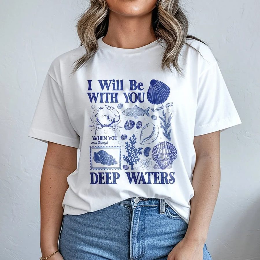 Isaiah 43:2 Bible Verse T-Shirt | Seashell Ocean Graphic Design | Premium Cotton Christian Apparel | Faith-Based Gift for Her and Him