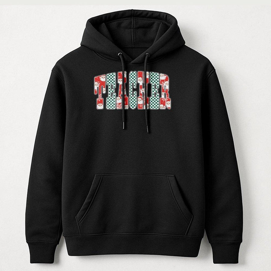Teacher Christmas Hoodie | Festive Santa And Checkered Print | Premium Cotton-Poly Blend | Cute Holiday Teacher Gift Apparel For Educators