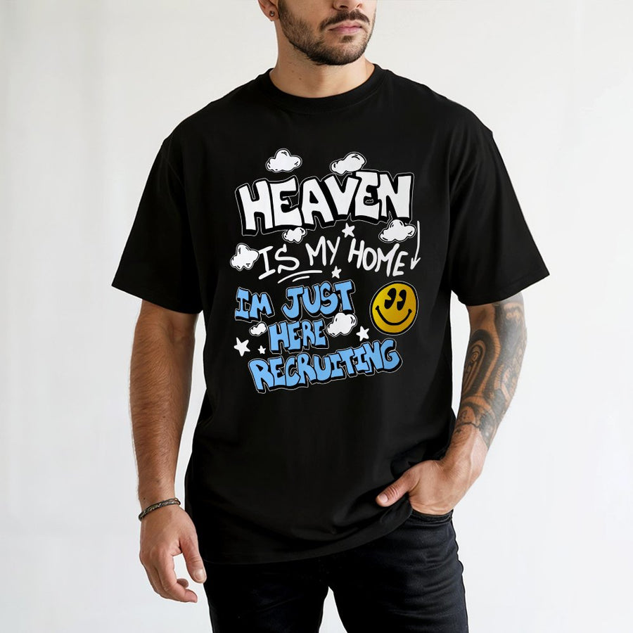 Heaven Is My Home Graphic T-Shirt | Retro Smiley Face Christian Design | Premium 100% Cotton Tee | Faith-Based Religious Gift for Him and Her